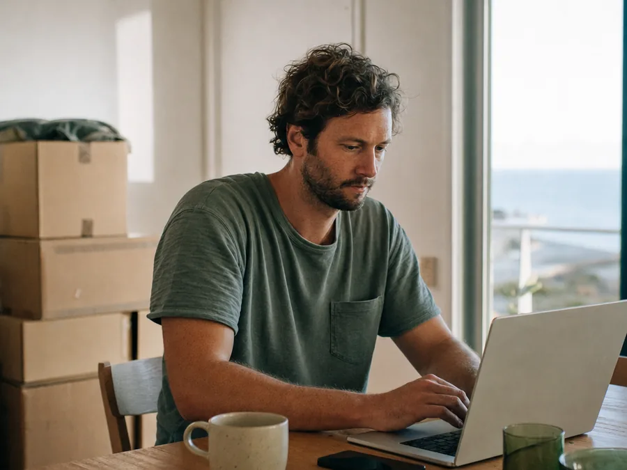 Working on a laptop in a bright rental apartment with moving boxes behind